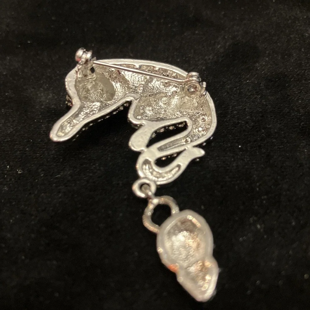 VTG Cat & Mouse Brooch Silver Tone Clear Pave Rhinestone Crystal Pin Green Eyes